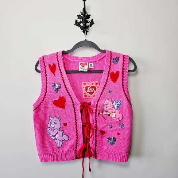 Care Bears Tops - NWT Care Bears Sweater Vest Size S Pink Hearts Tie Front Cardigan
